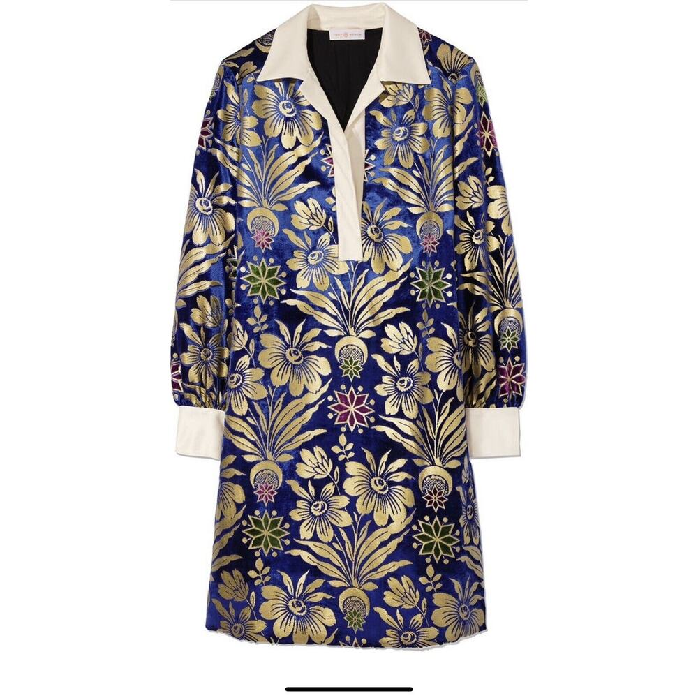 Tory Burch Womens Size 0 Thelma Blue Velvet Metallic Burnout Mini Dress $598